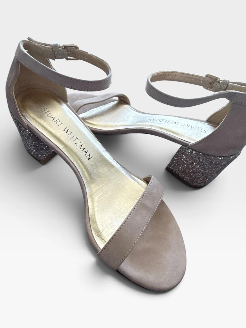 Stuart Weitzman Nude Beige Suede Ankle-Strap Sandals with Glitter Block Heel